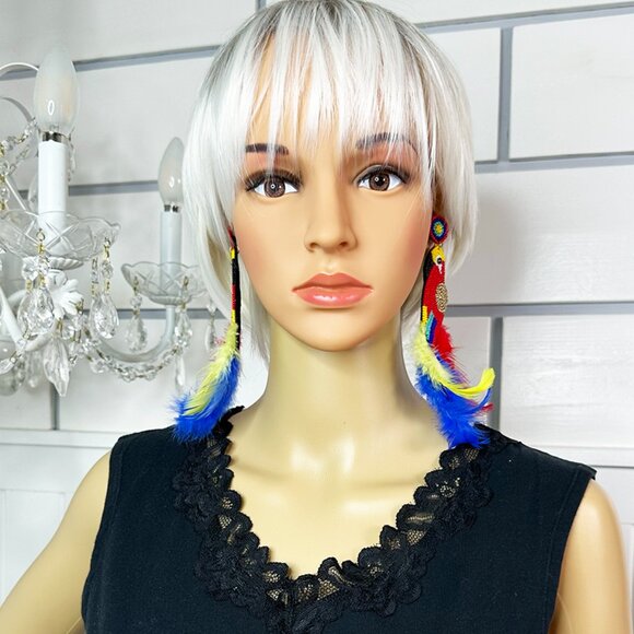 Colorful Bead and Feather Parrot Earrings pierced - Picture 4 of 5